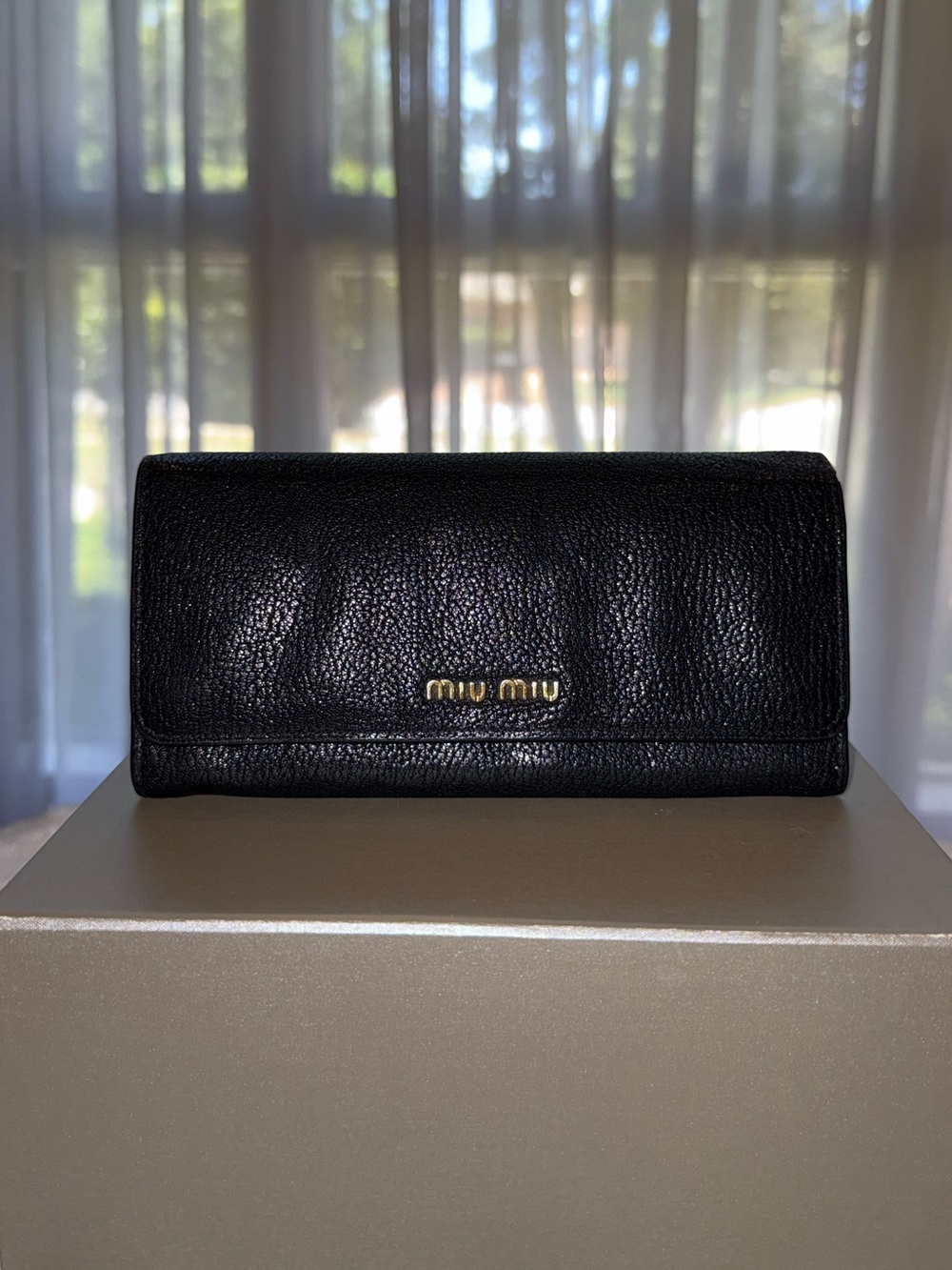 Miu Miu Black Leather Continental Flap Wallet with Gold Logo